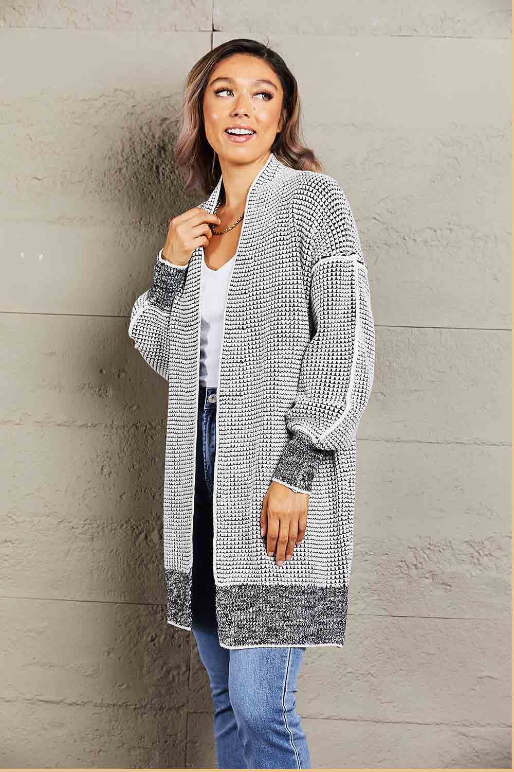 Woven Right – Melierter Longline-Cardigan mit offener Vorderseite