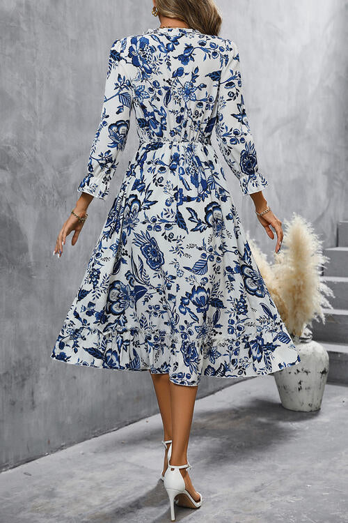 Printed V-Neck Ruffle Hem Flounce Sleeve Dress