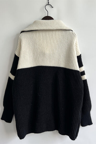 Quarter Zip Striped Dropped Shoulder Sweater