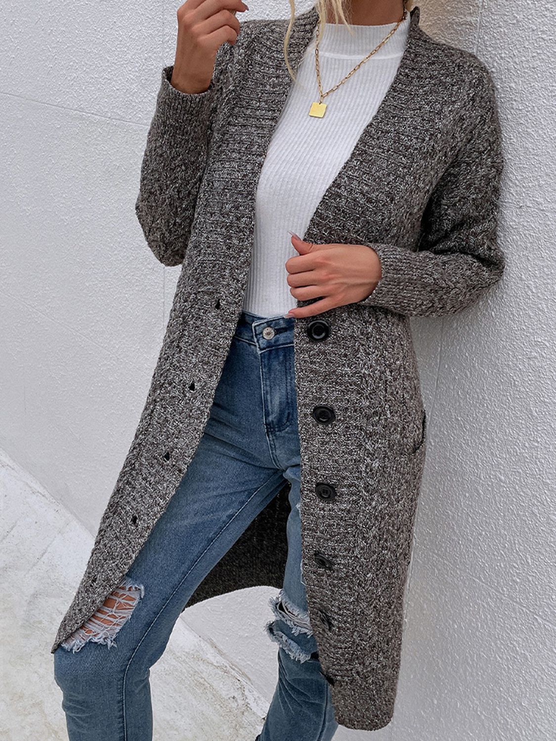 Langer Cardigan mit Knopfleiste und Taschen