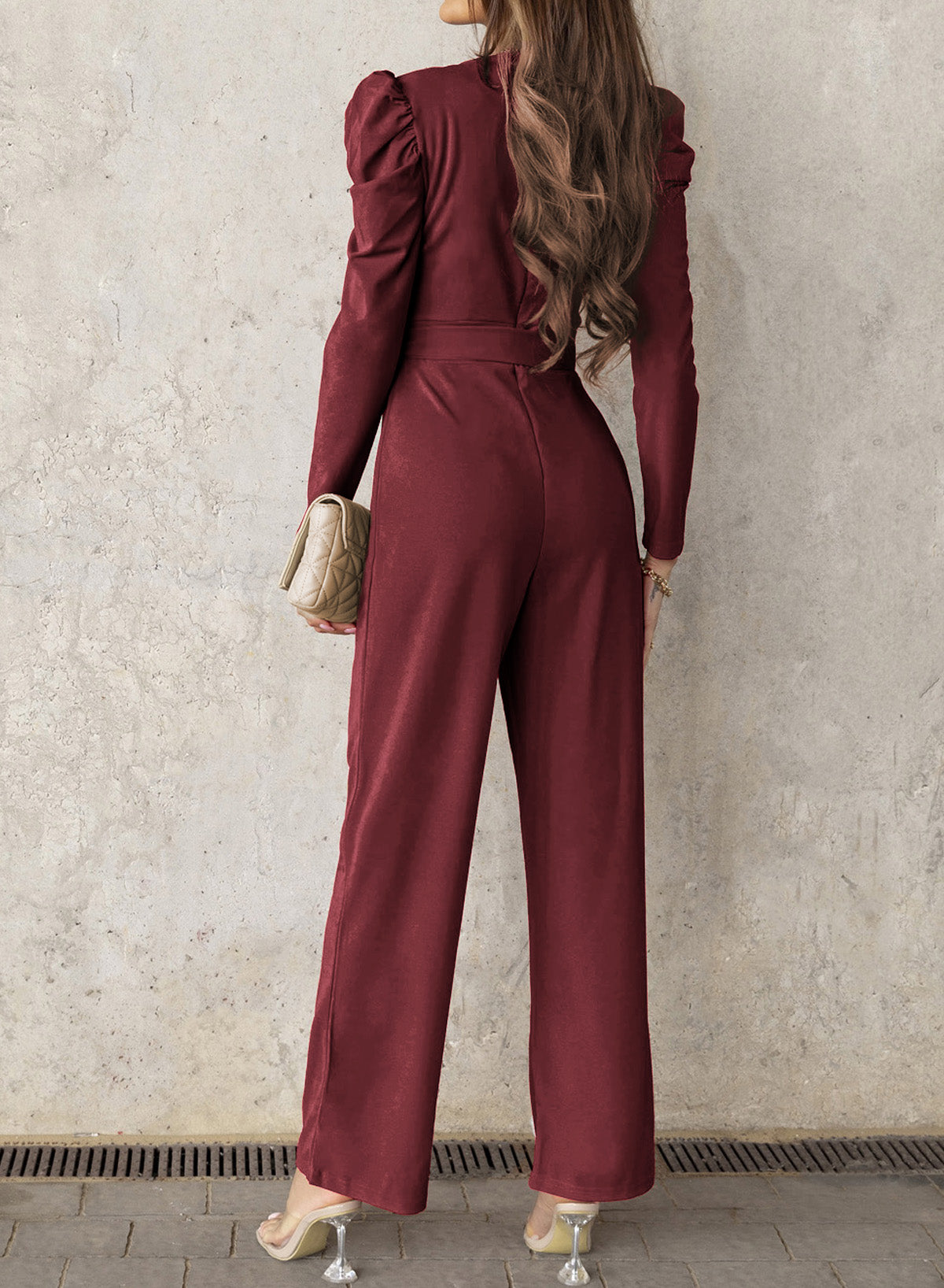 Belted Long Puff Sleeve V-Neck Jumpsuit