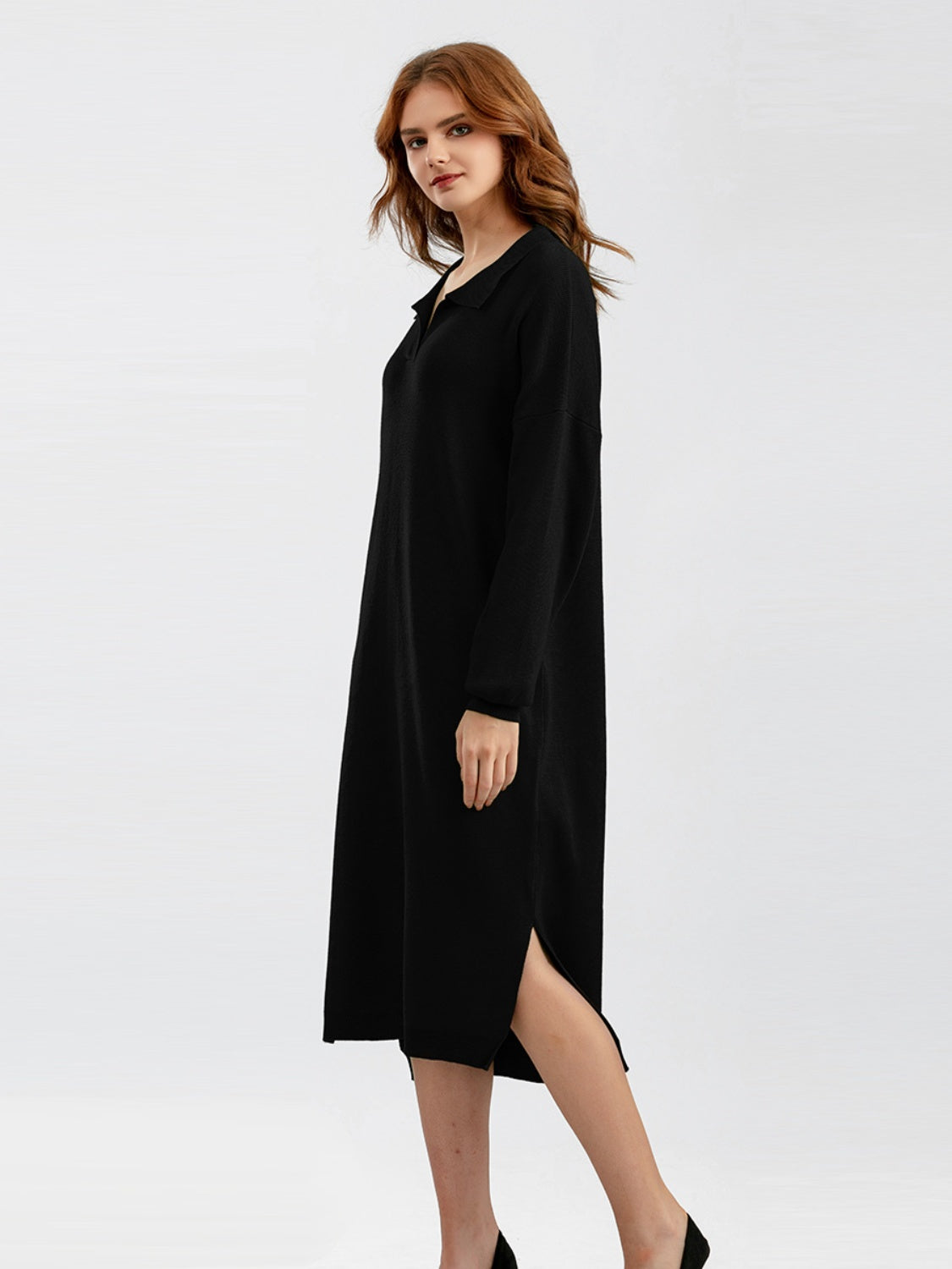 Johnny Collar Long Sleeve Slit Sweater Dress