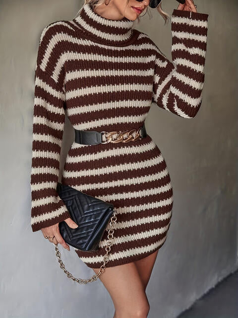 Striped Turtleneck  Longline Sleeve Sweater Dress