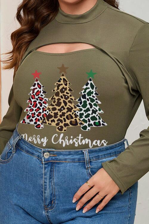 Plus Size Bluse mit Rundhalsausschnitt, Weihnachtsbaum-Grafik und Ausschnitt