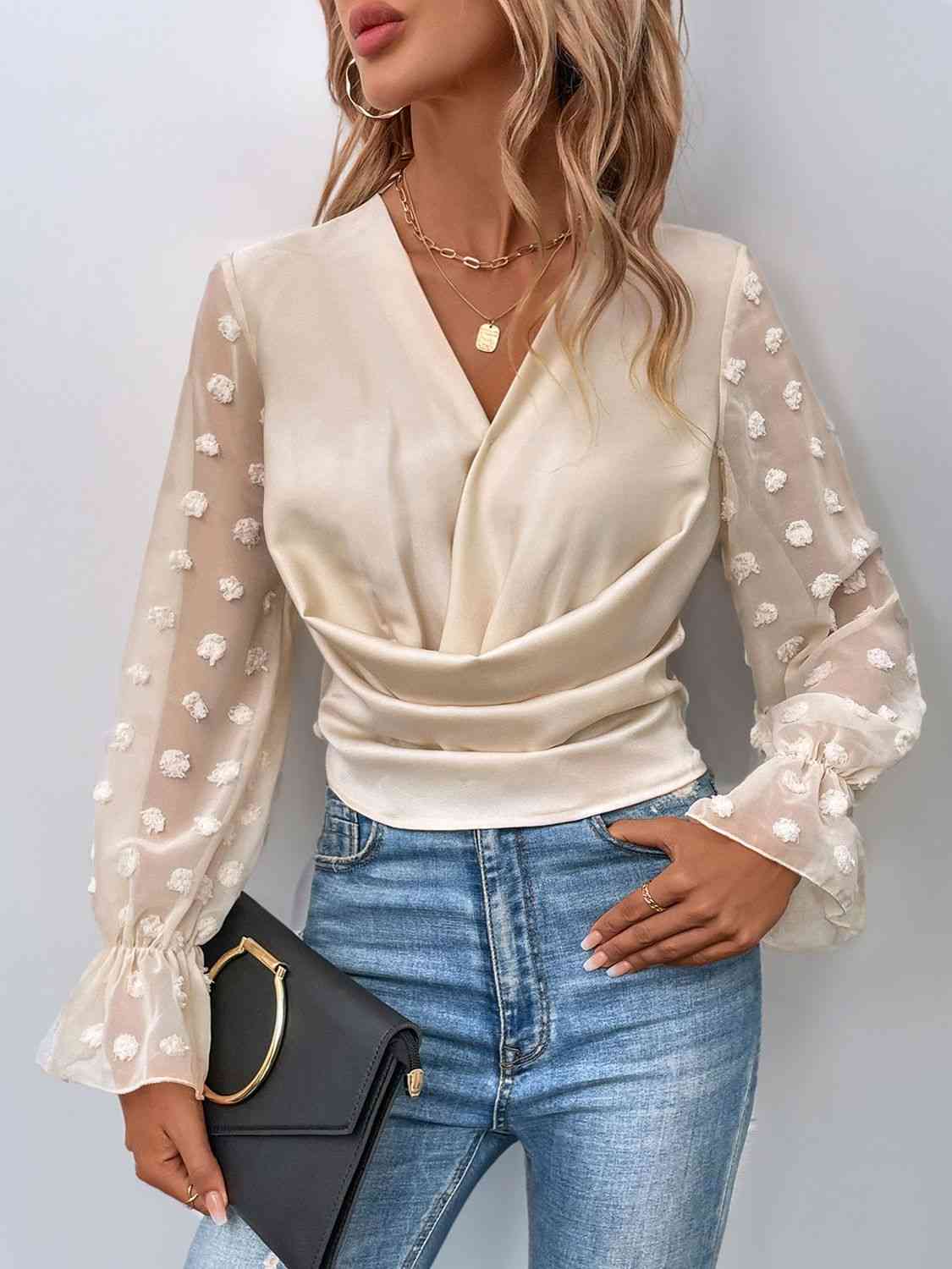 Swiss Dot Flounce Sleeve Blouse