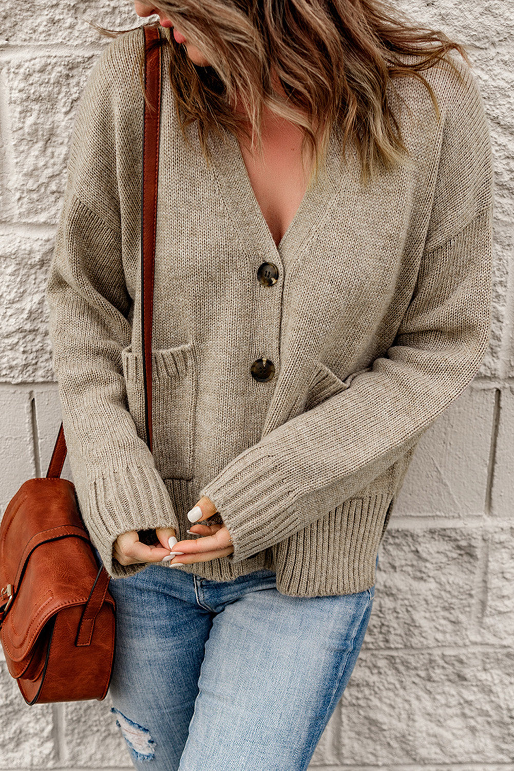 Button-Down-Cardigan mit geripptem Rand und Taschen