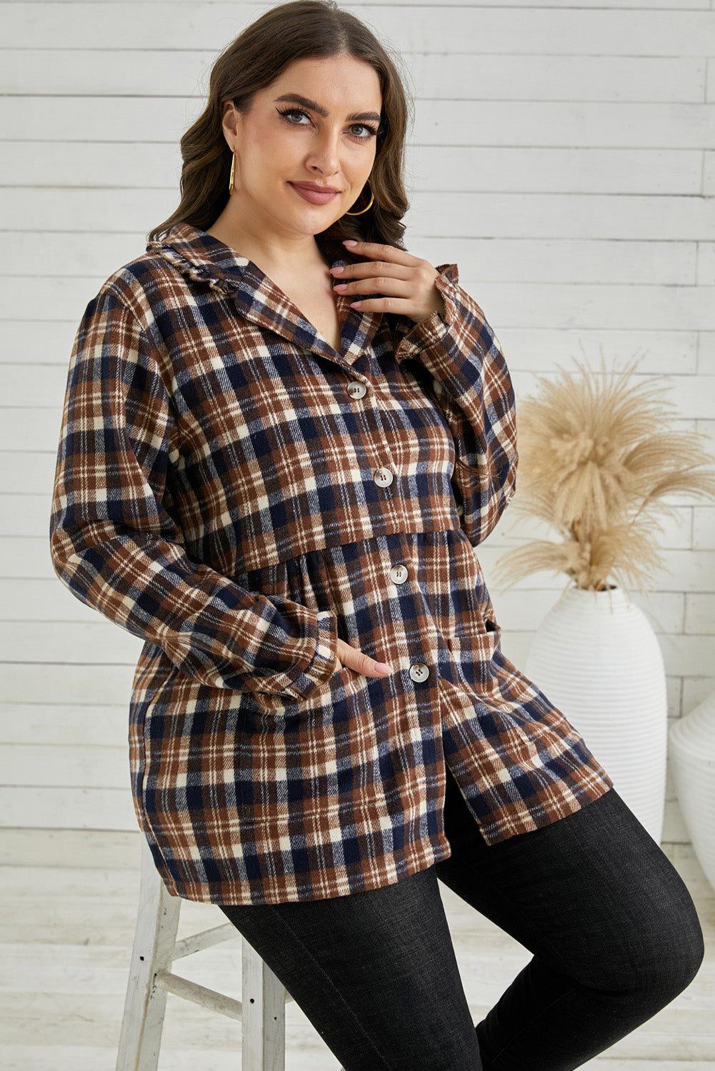 Plus Size Plaid Buttoned Collared Shacket