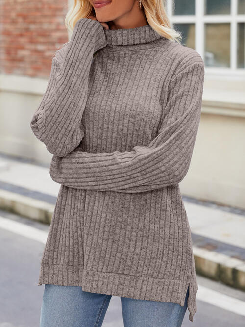 Ribbed Turtleneck Long Sleeve Slit Knit Top