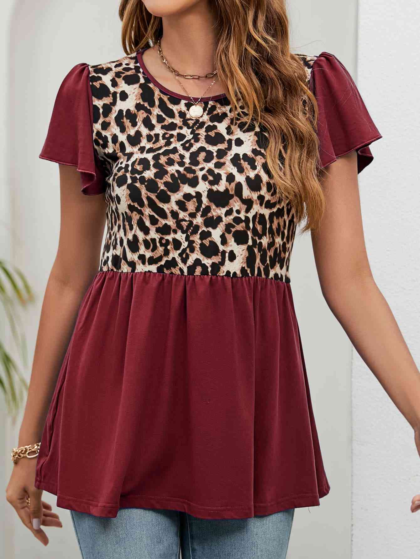 Leopard Round Neck Flutter Sleeve Babydoll Blouse