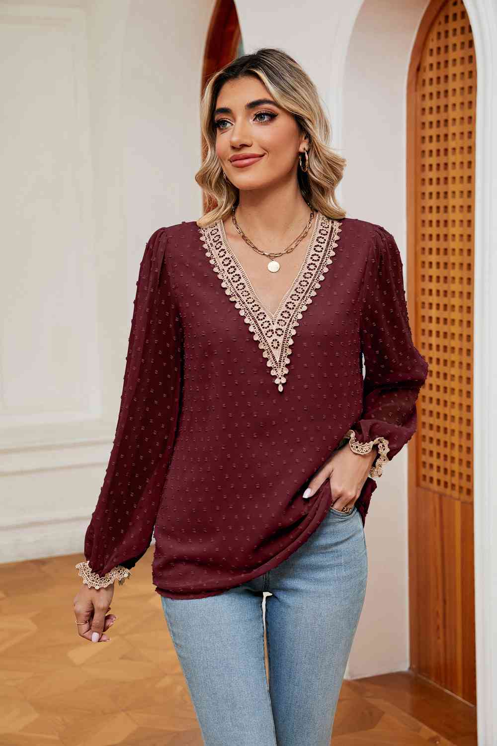 Swiss Dot Contrast V-Neck Blouse