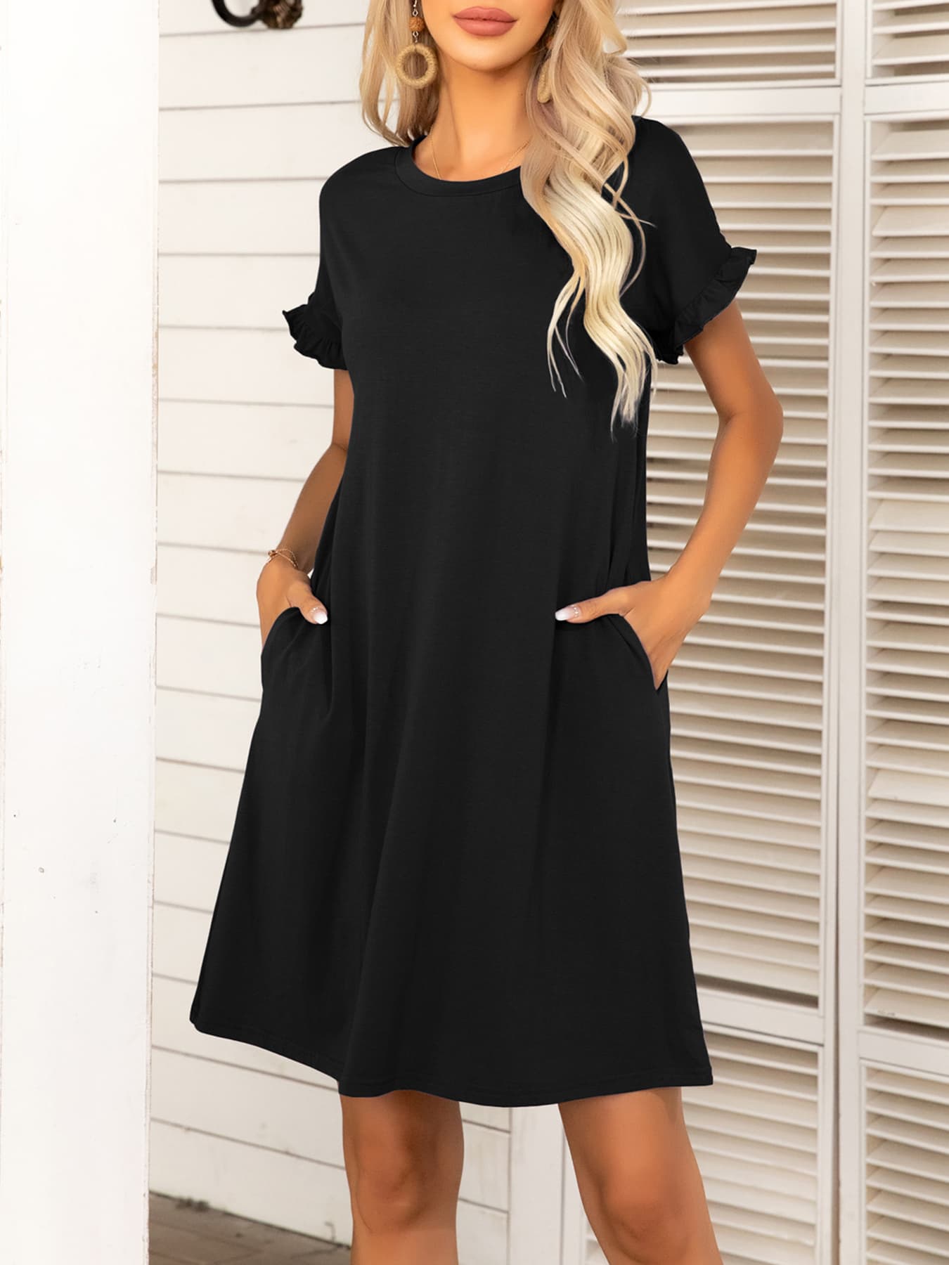 Round Neck Flounce Sleeve Dress with Pockets