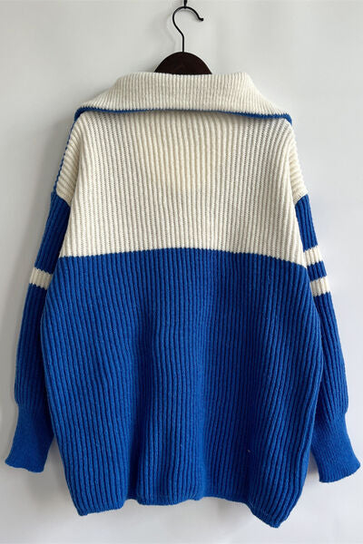 Quarter Zip Striped Dropped Shoulder Sweater