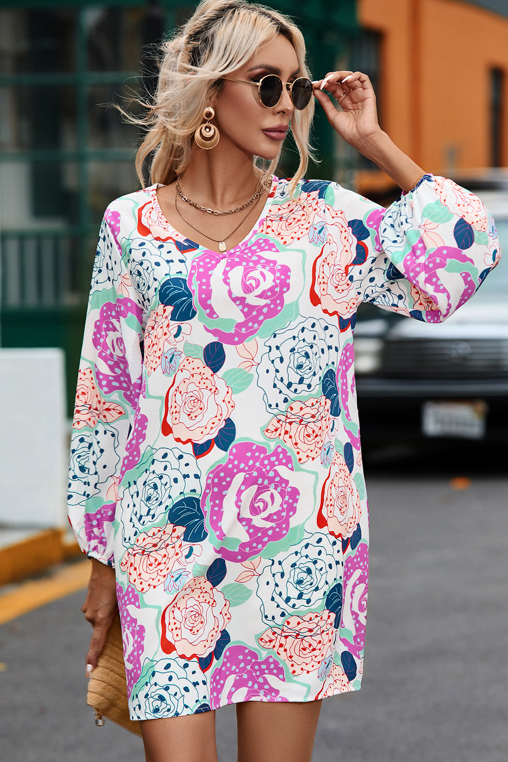 Floral V-Neck Long Sleeve Dress