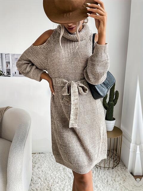 Cold-Shoulder Turtleneck Sweater Dress