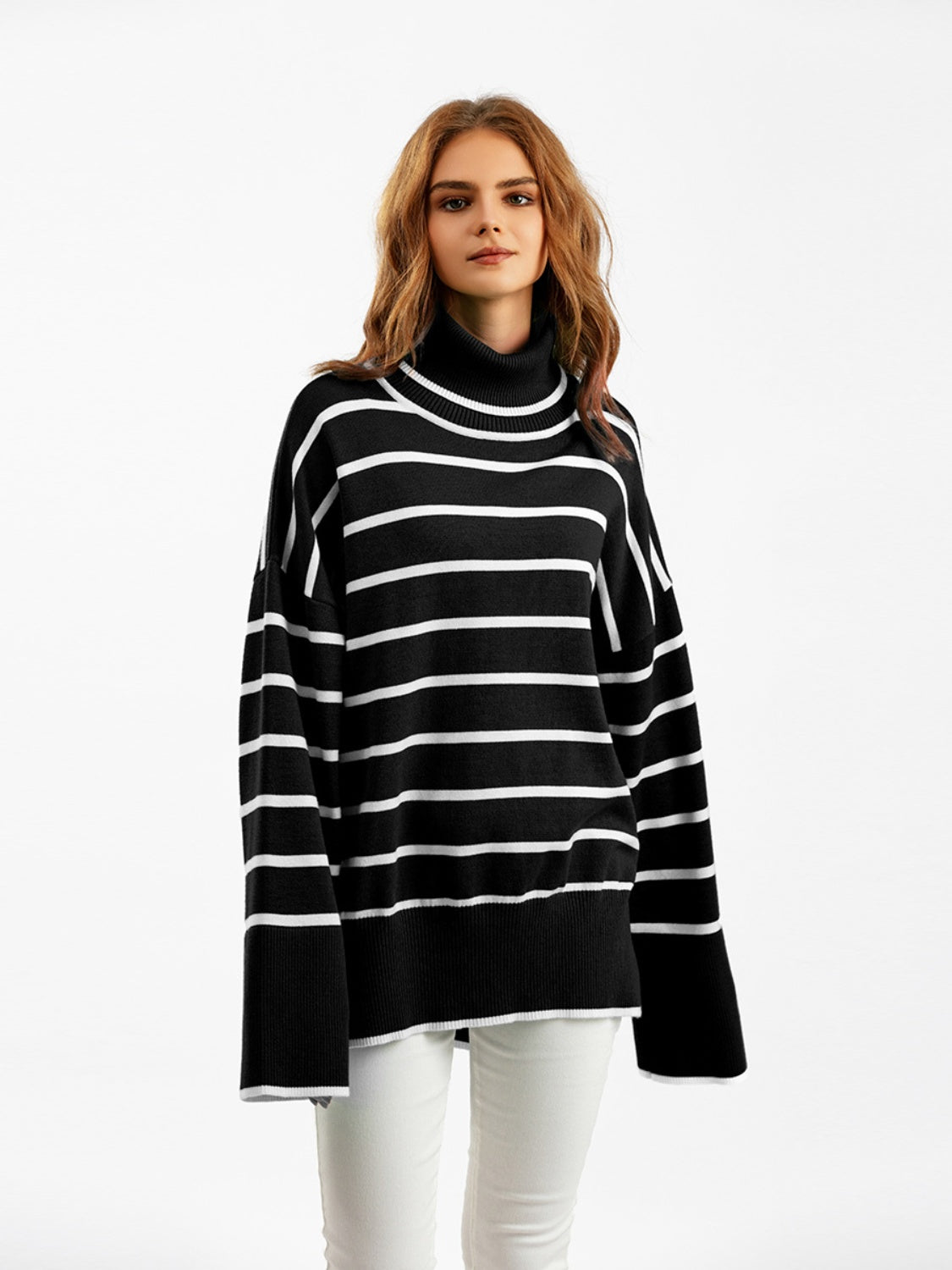 Striped Drop Shoulder Turtleneck Sweater