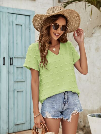 Swiss Dot V-Neck Short Sleeve Blouse