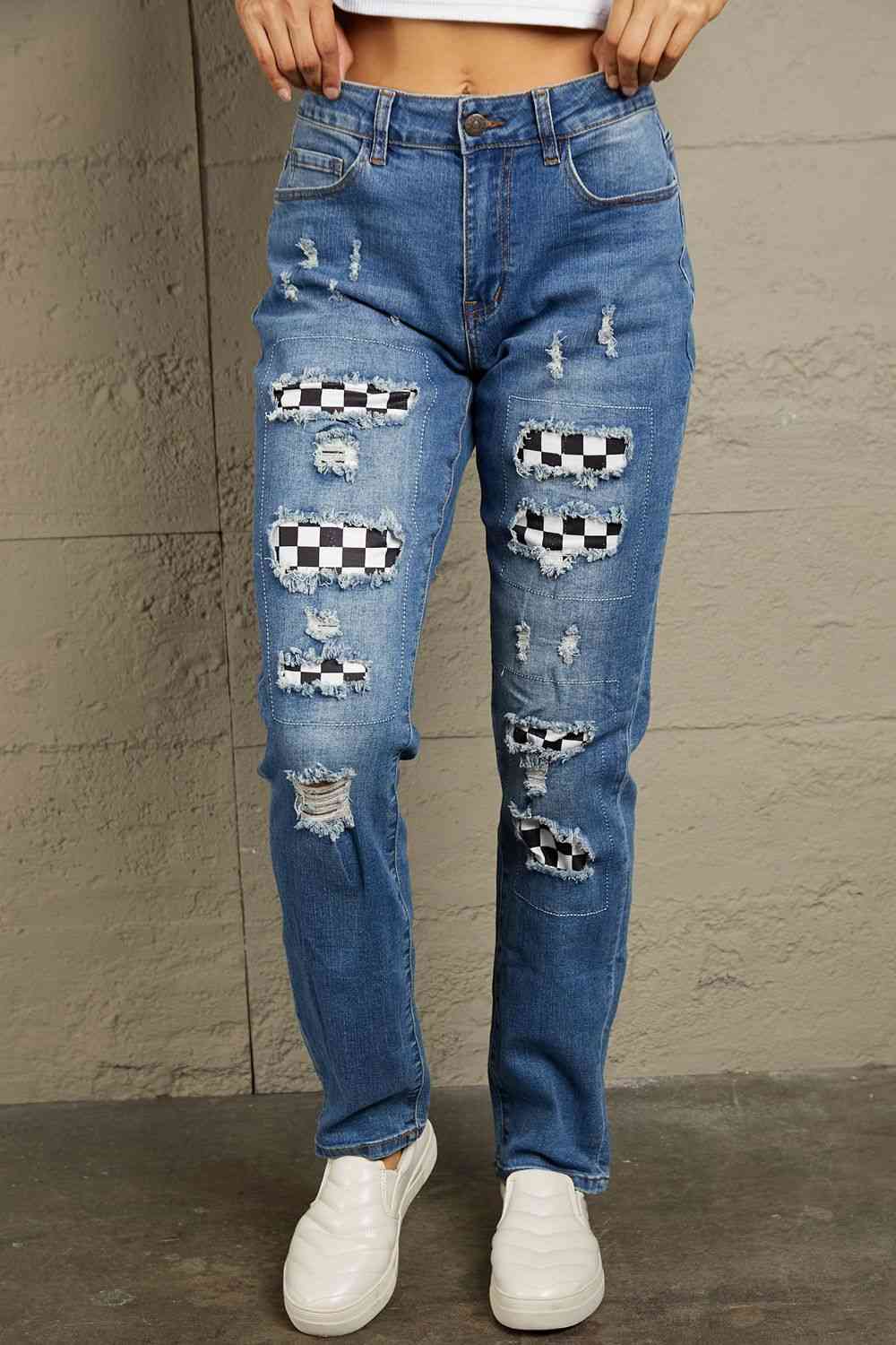 Baeful – Karierte Patchwork-Jeans mit mittlerer Taille und Used-Look