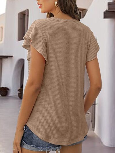 Waffle-Knit Round Neck Cap Sleeve Blouse