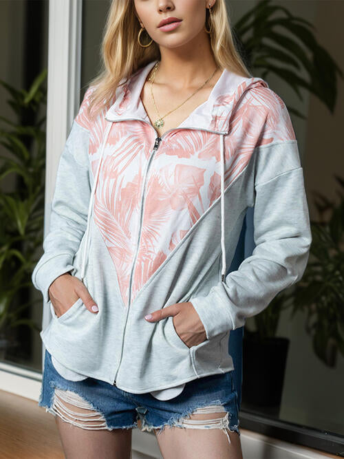 Printed Zip Up Drawstring Hoodie