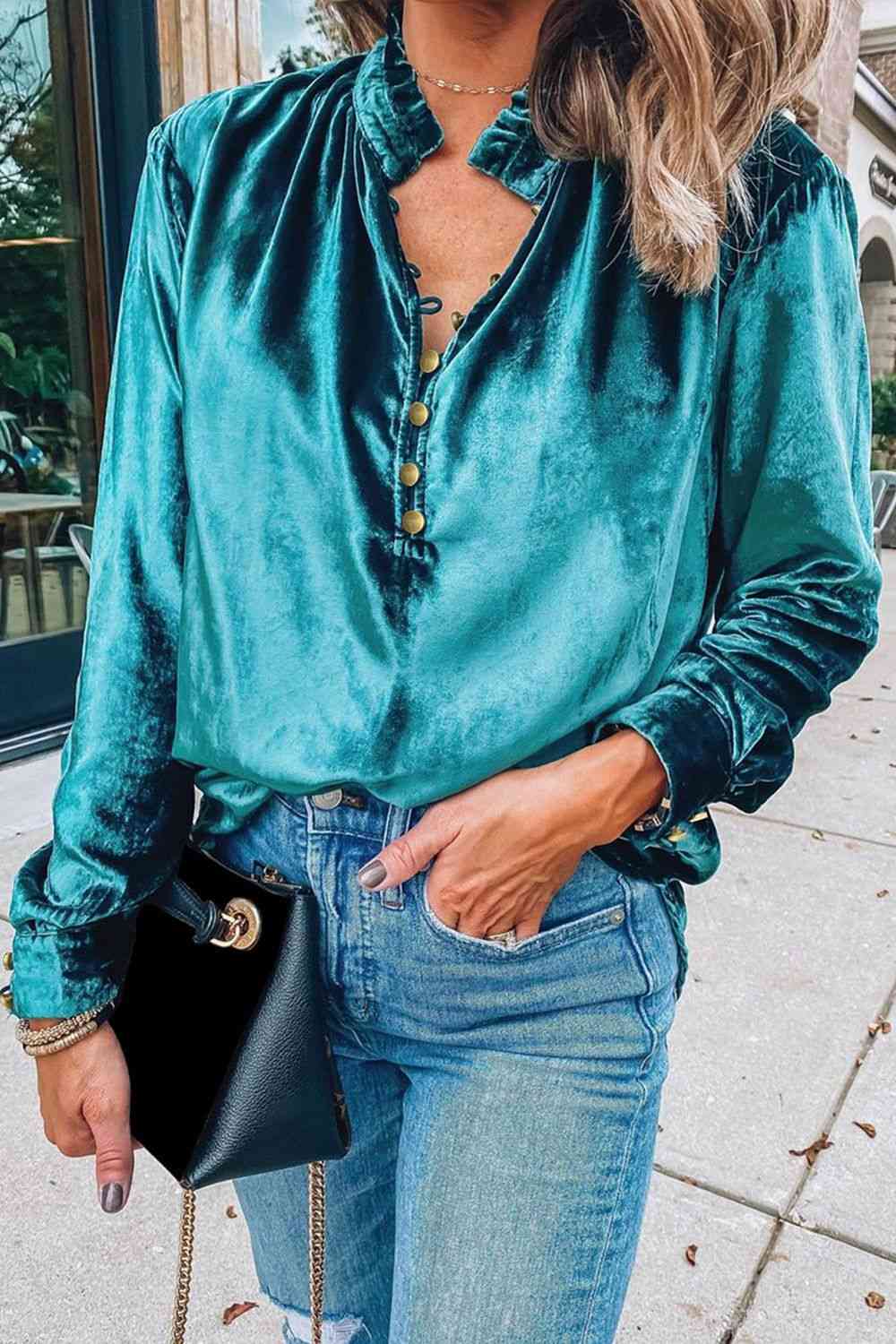 Notched Neck Buttoned Long Sleeve Velvet Blouse