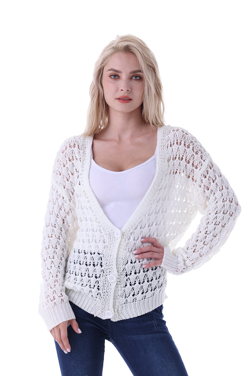 Openwork Buttoned Long Sleeve Cardigan