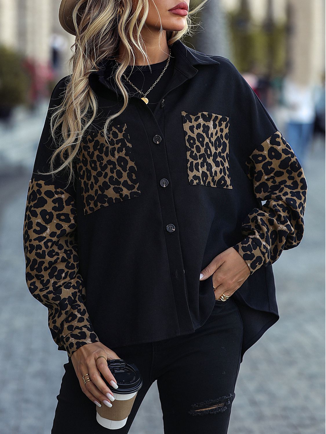 Leopard Print Buttoned Dropped Shoulder Jacket