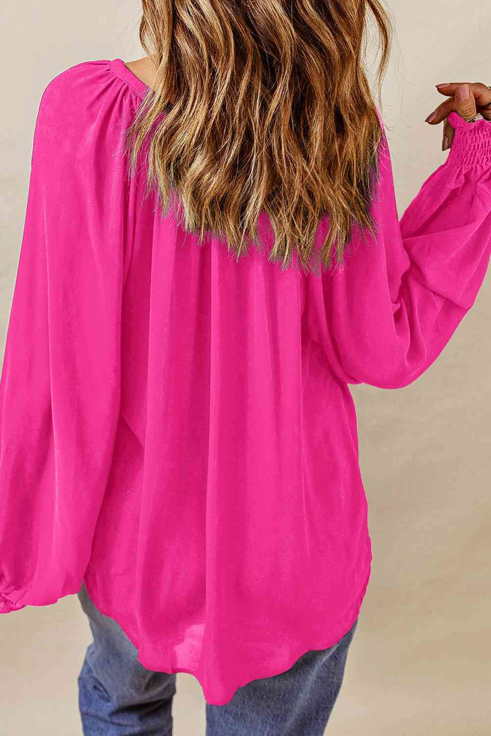 Notched Neck Lantern Sleeve Blouse