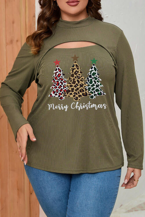 Plus Size Bluse mit Rundhalsausschnitt, Weihnachtsbaum-Grafik und Ausschnitt