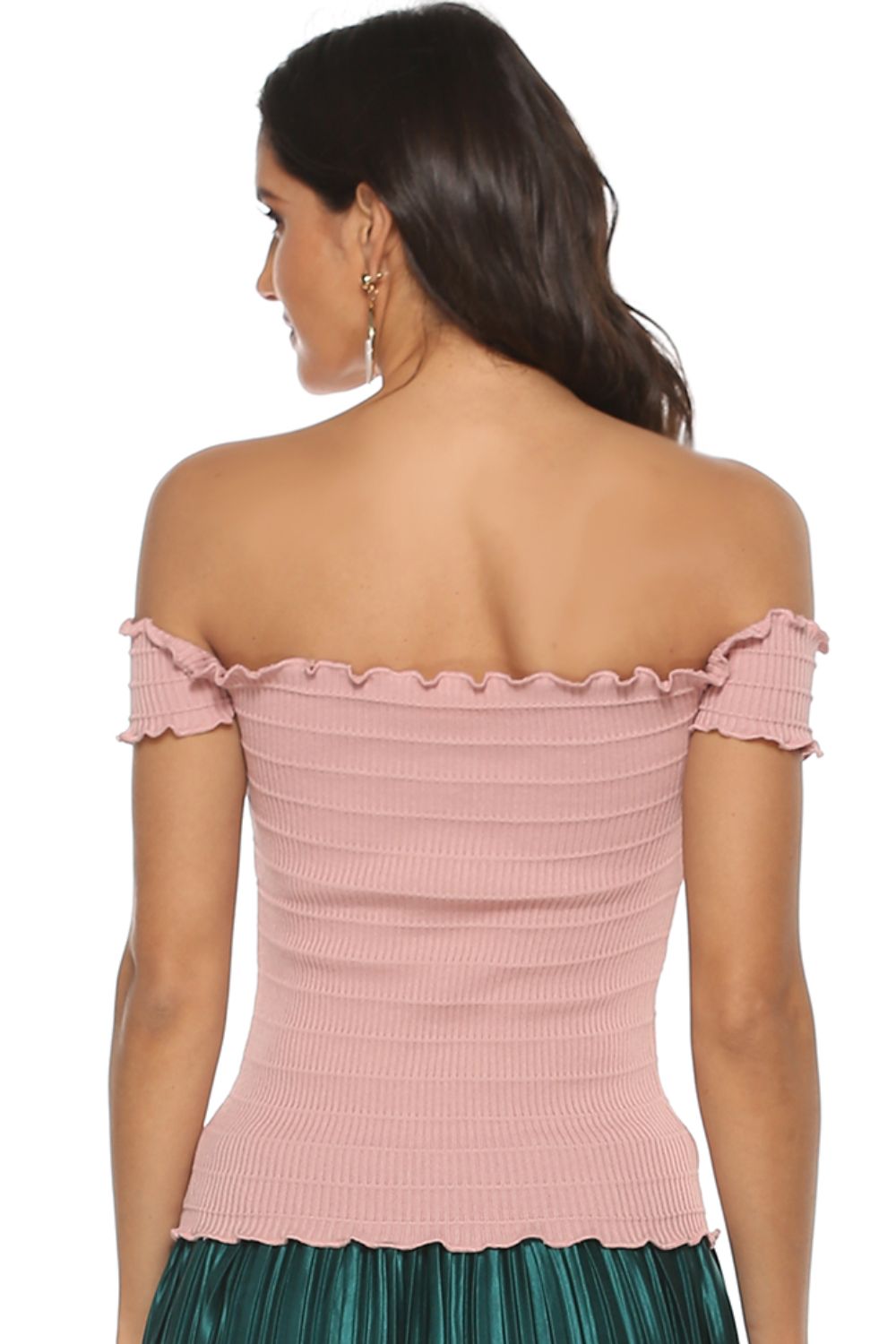 Lace-Up Front Lettuce Hem Off-Shoulder Knit Top