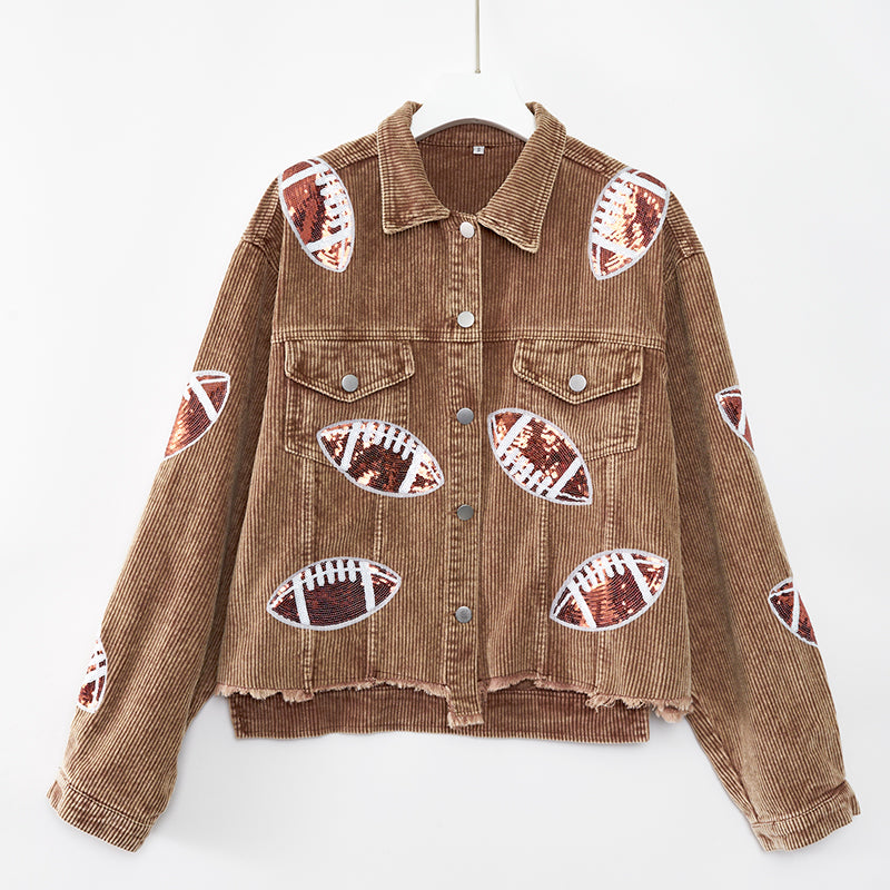 Sequin Football Patch Dropped Shoulder Jacket