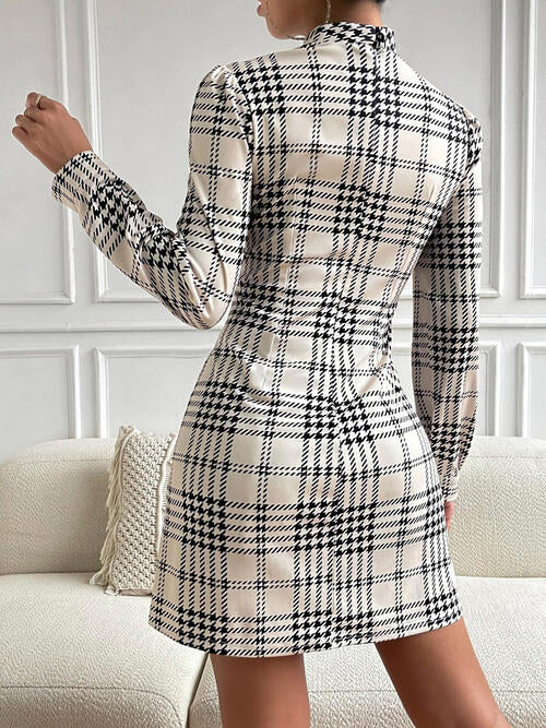 Houndstooth Mock Neck Cinched Mini Dress