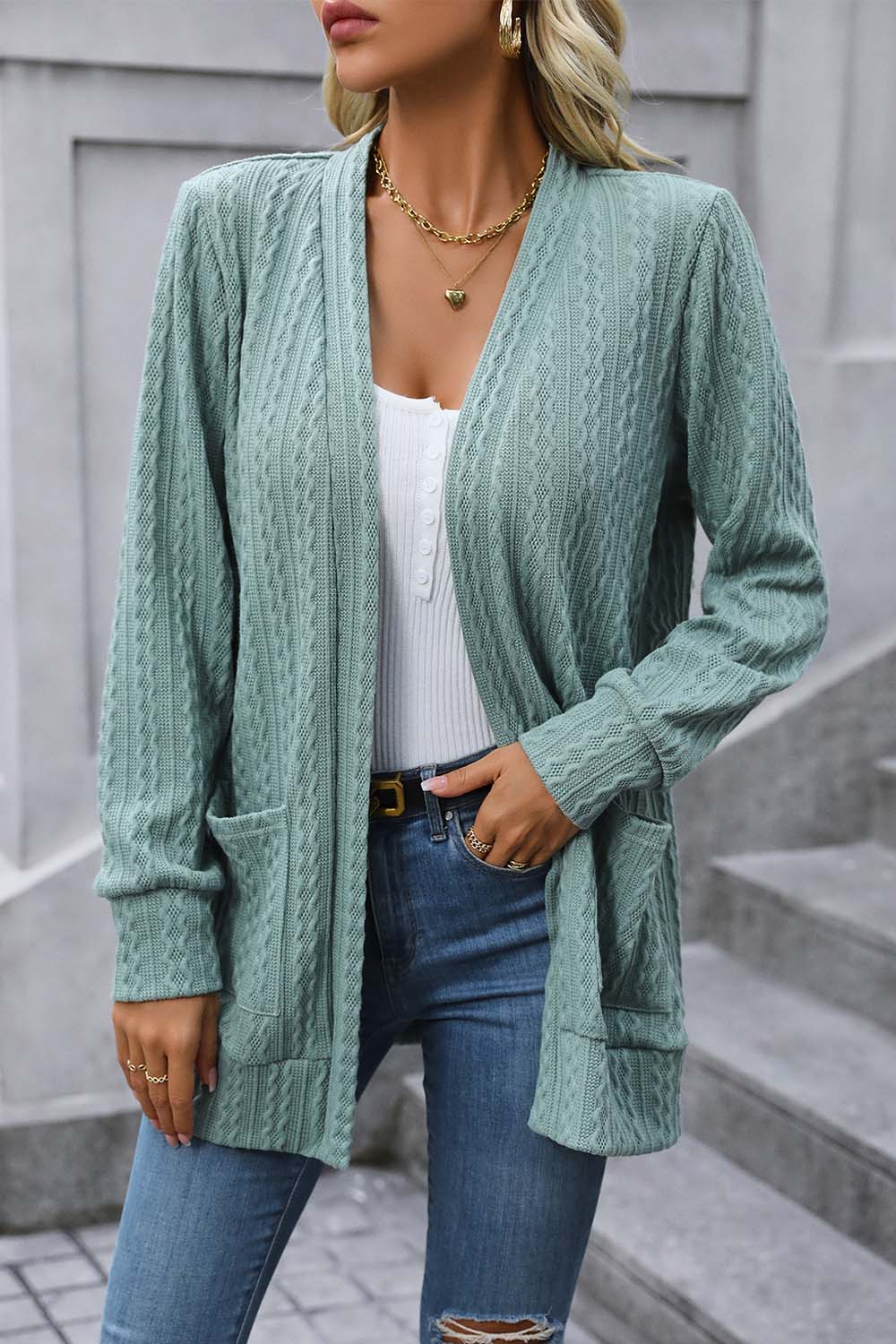 Cable-Knit Long Sleeve Cardigan with Pocket