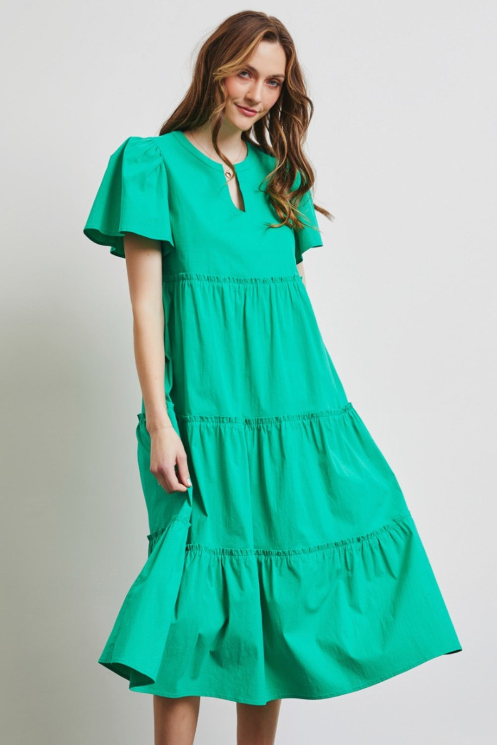 HEYSON Full Size Cotton Poplin Ruffled Tiered Midi Dress