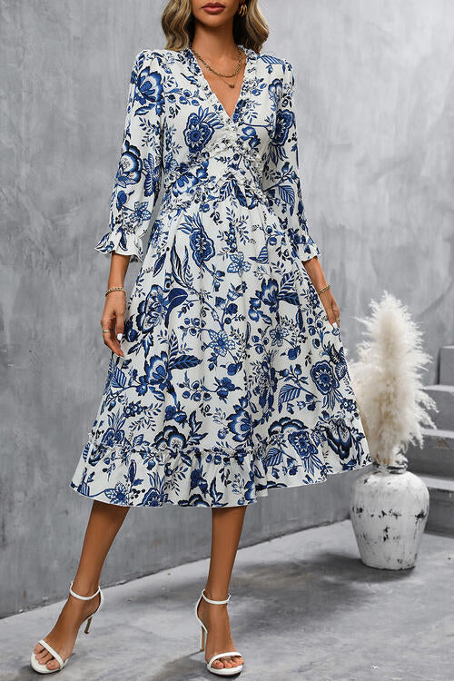 Printed V-Neck Ruffle Hem Flounce Sleeve Dress