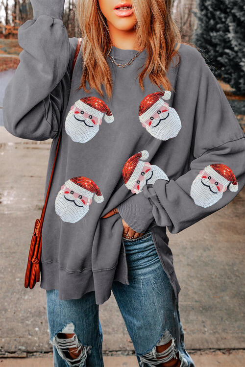 Sweatshirt mit Rundhalsausschnitt, Schlitz und Pailletten und Weihnachtsmann-Motiv