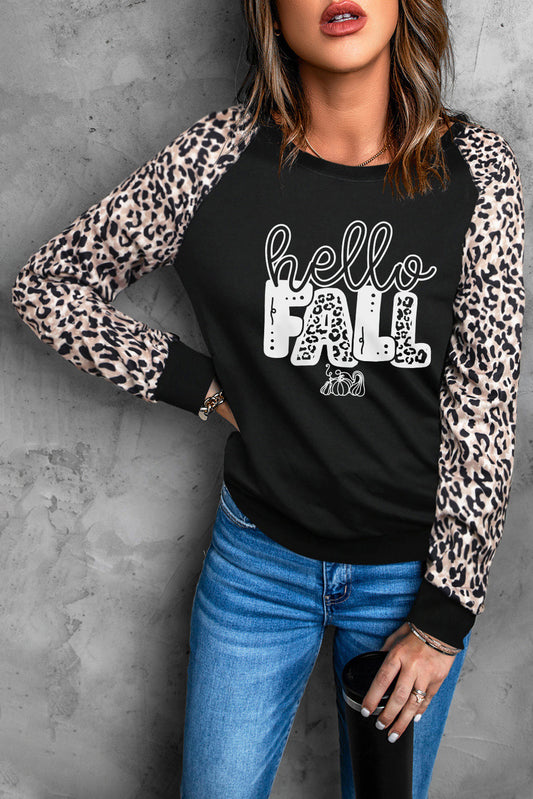 HELLO FALL Sweatshirt mit Leopardenmuster und Grafik