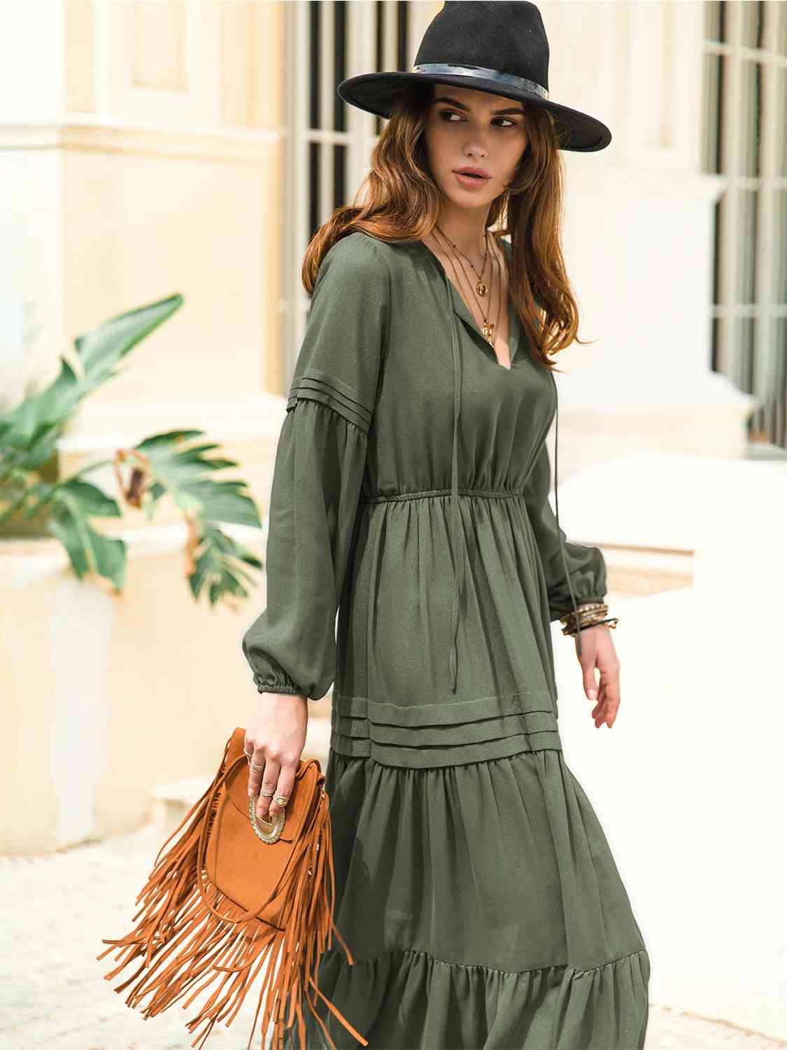 Tie Neck Balloon Sleeve Tiered Dress