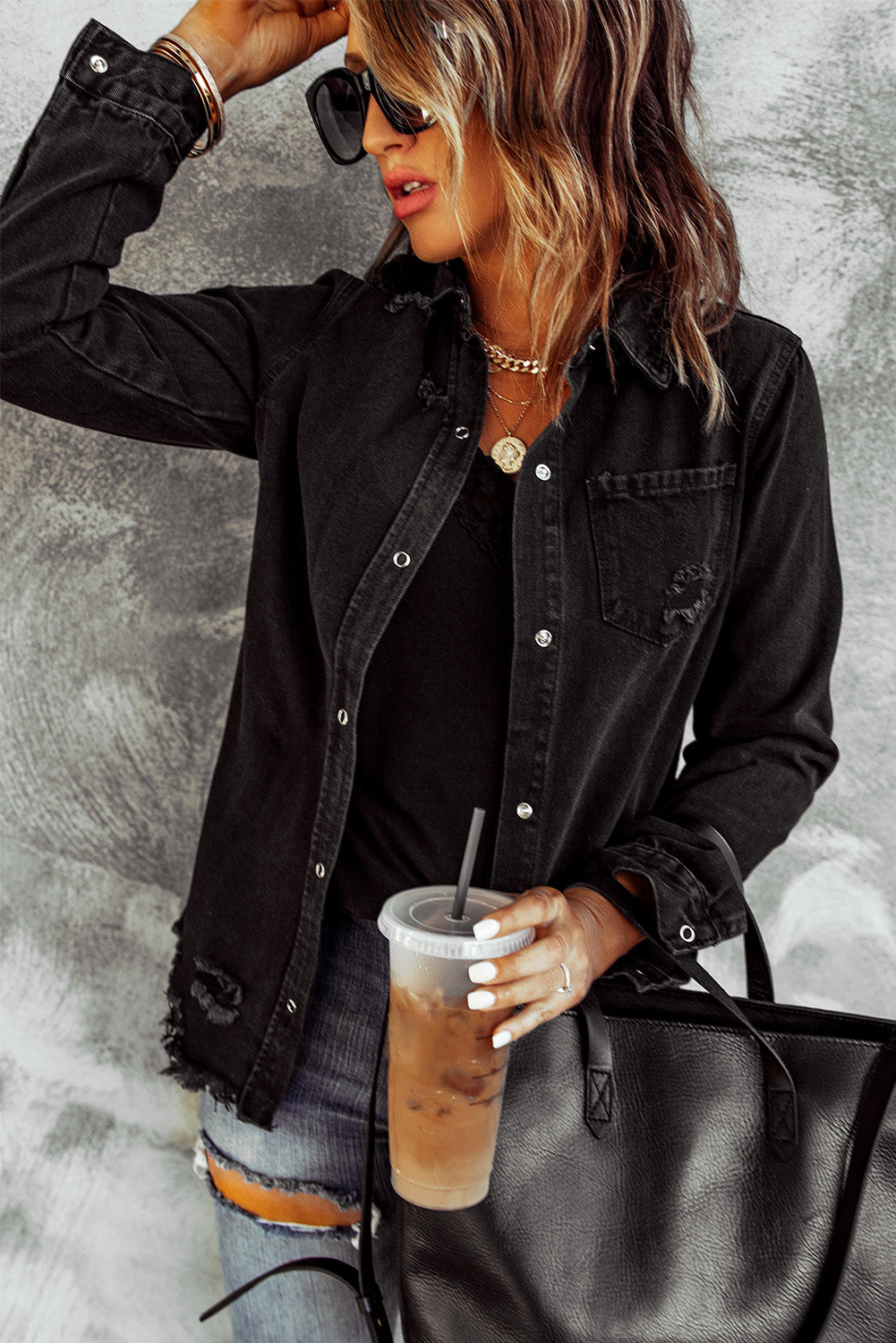 Distressed-Jeansjacke mit Druckknöpfen