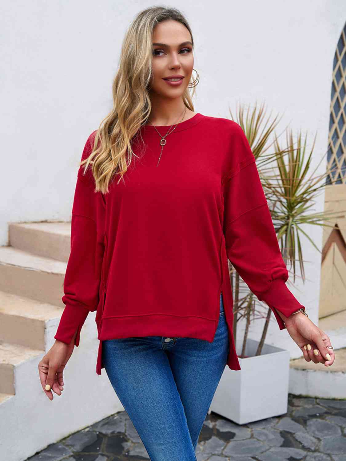 Round Neck Slit Sweatshirt