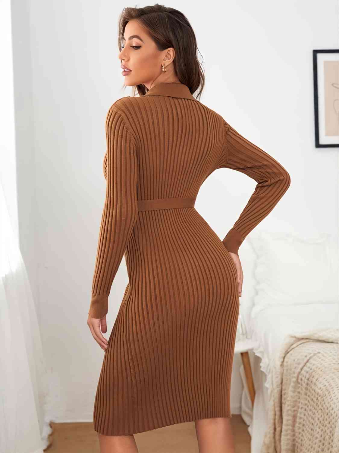 Collared Neck Button Up Ribbed Sweater Dress