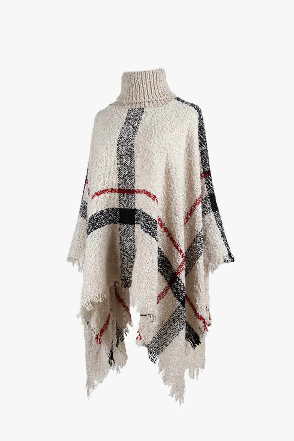 Karierter Rollkragen-Poncho mit offenem Saum