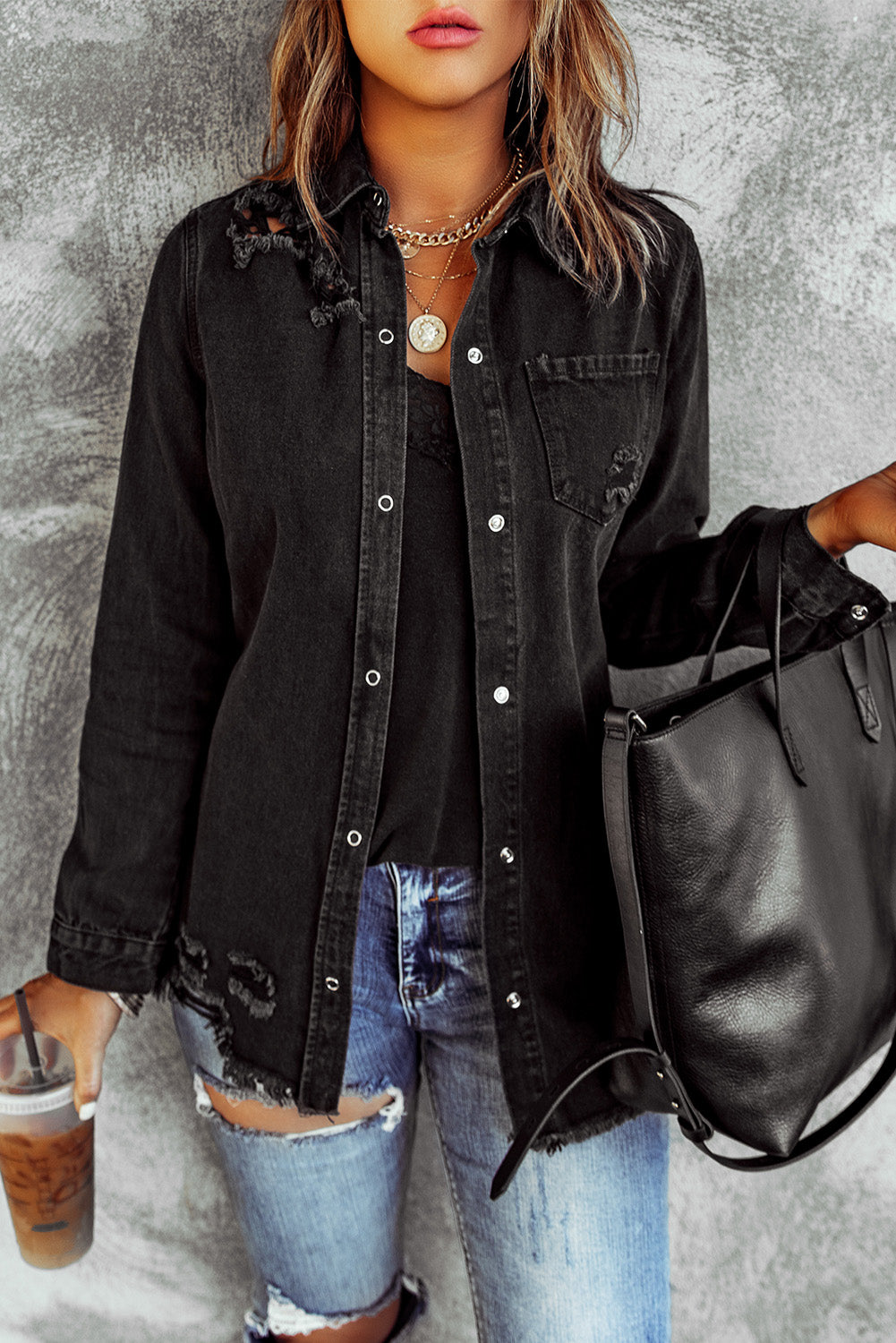 Distressed-Jeansjacke mit Druckknöpfen