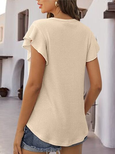 Waffle-Knit Round Neck Cap Sleeve Blouse