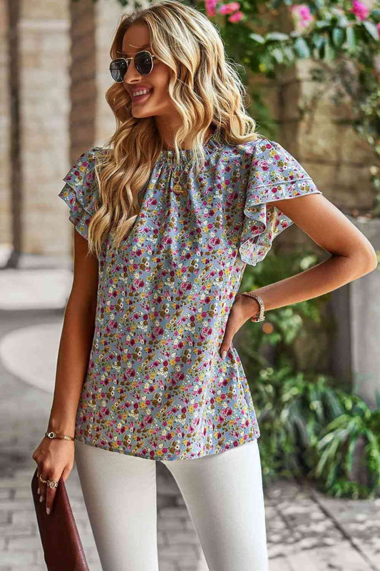 Bluse mit Blumenmuster, Rundhalsausschnitt, Flatterärmeln