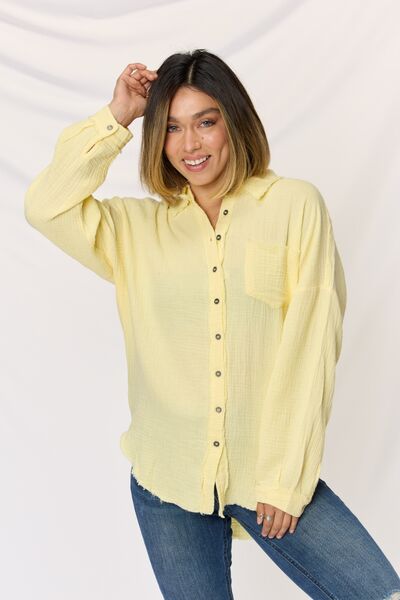 Zenana Texture Button Up Raw Hem Long Sleeve Shirt