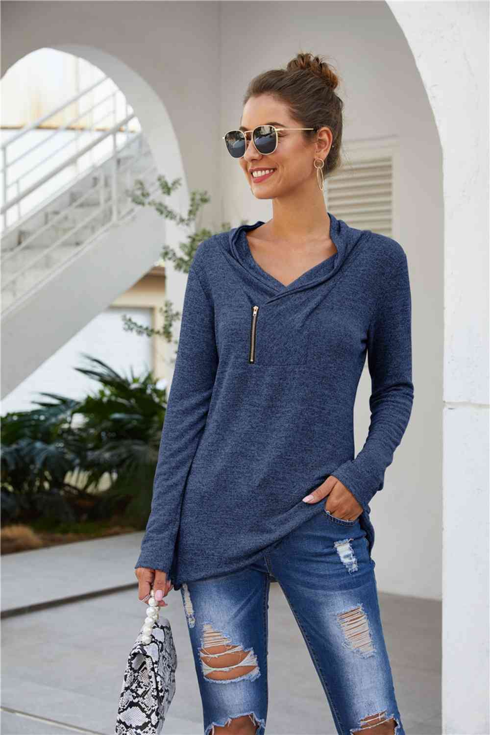 Zip Detail Long Sleeve Top