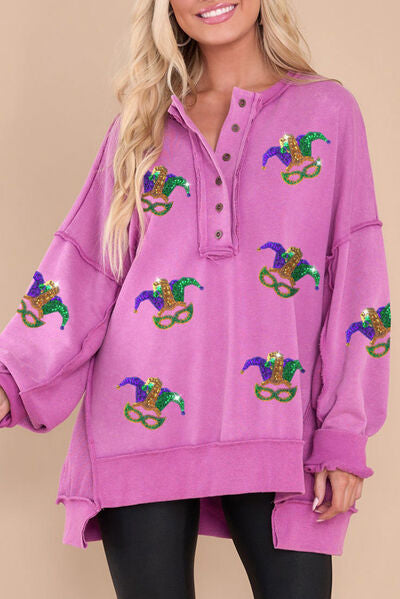 Mardi Gras Sweatshirt mit Pailletten und halblangem Knopf