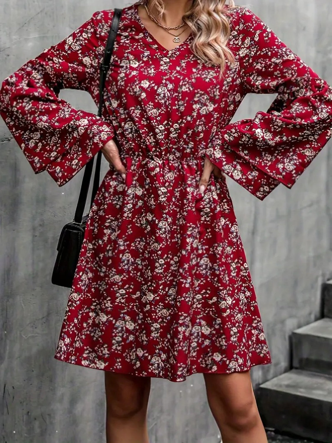 Printed V-Neck Long Sleeve Mini Dress