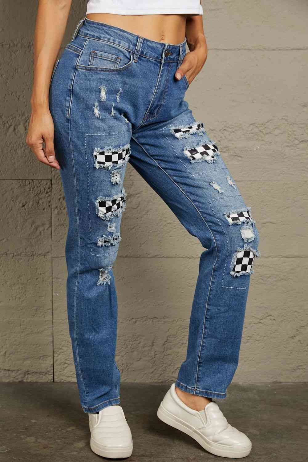 Baeful – Karierte Patchwork-Jeans mit mittlerer Taille und Used-Look