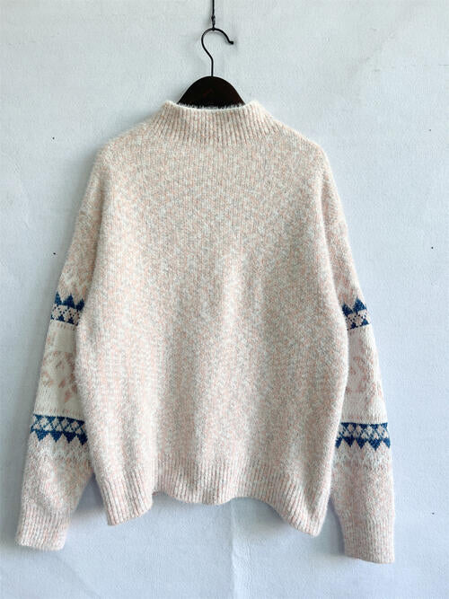 Geometric Mock Neck Dropped Shoulder Sweater